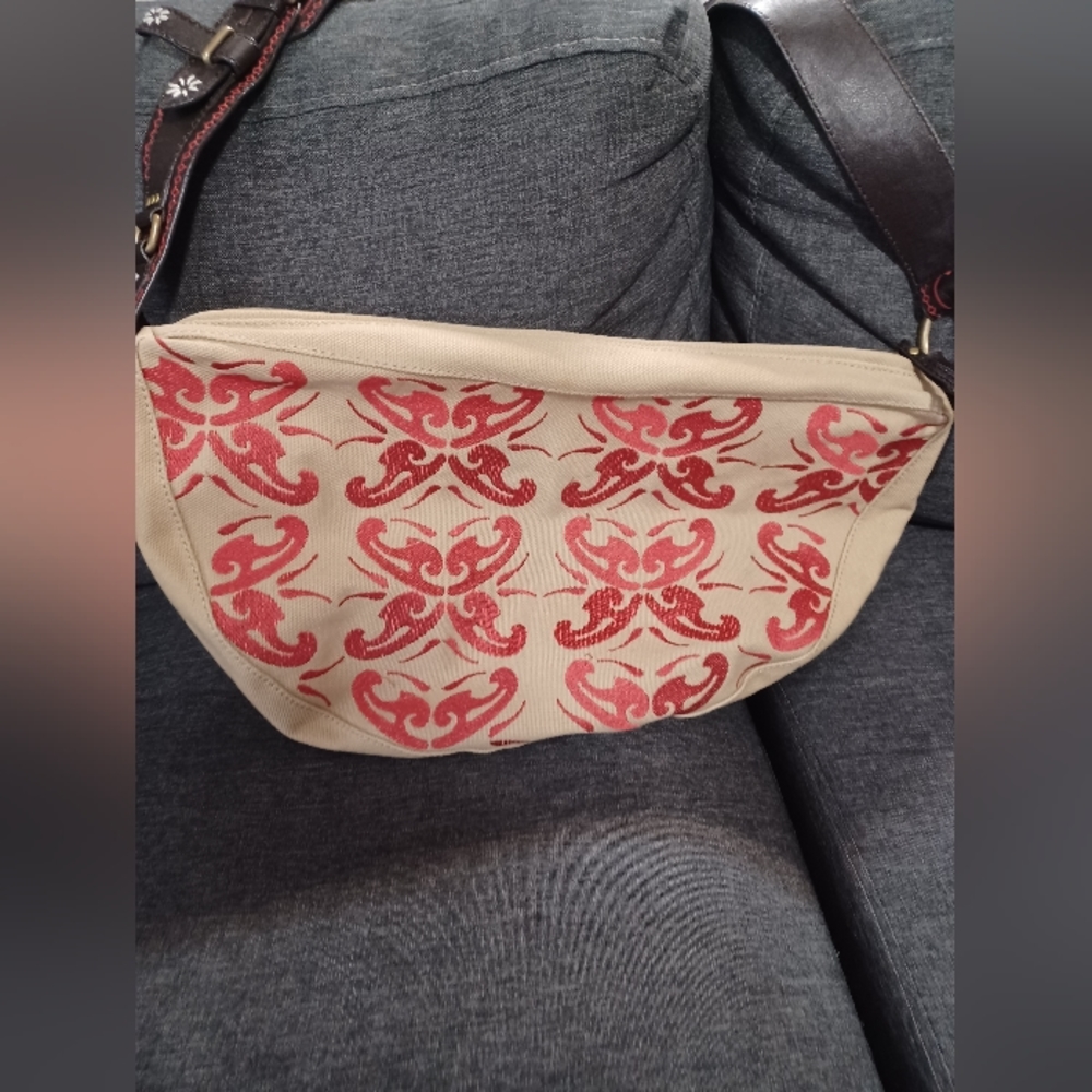 Hype Canvas Fabric Bag Purse Khaki Red cool strap Big tote Boho Hippie Chic - Picture 8 of 9